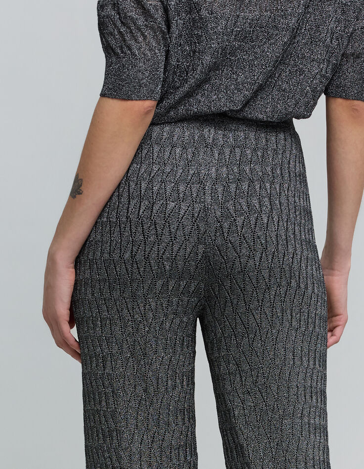 Pantalon gris maille fine graphique ajourée Femme-5