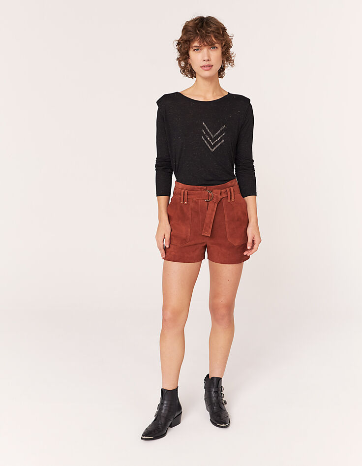 Short taille mi-haute en cuir de chèvre velours femme-8
