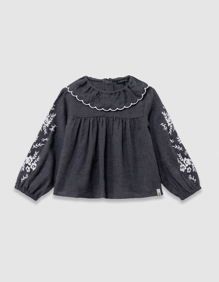 Graue Mädchenbluse mit weitem Kragen Stick-1