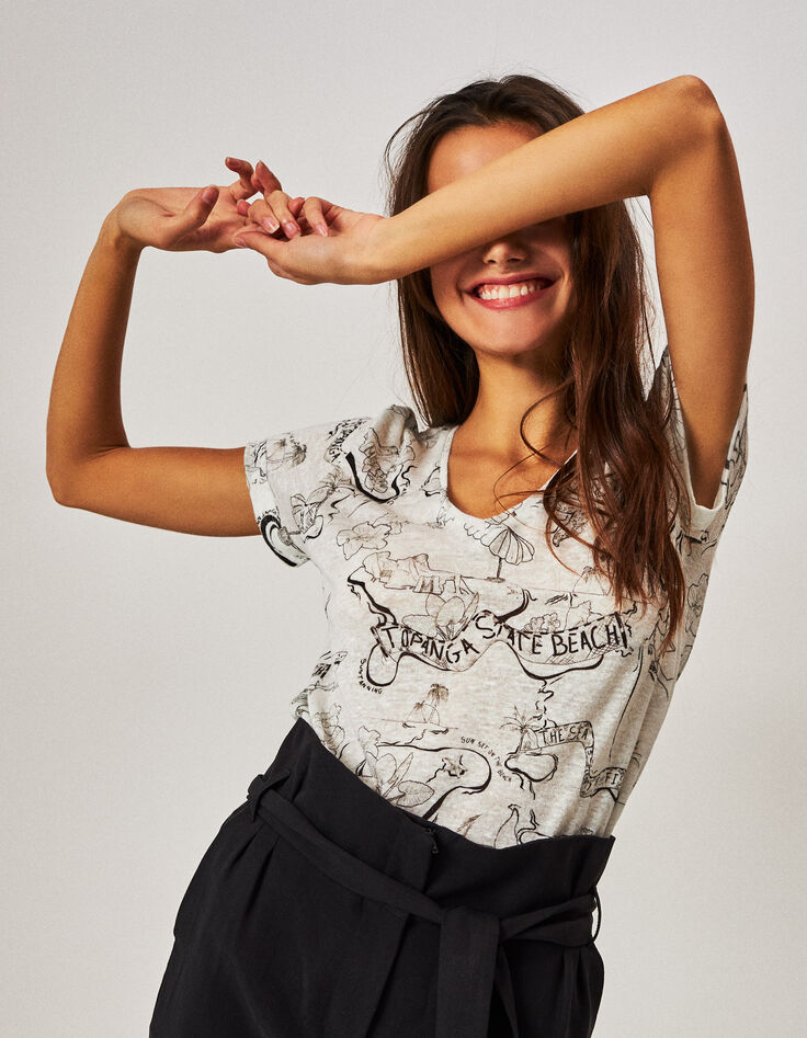 Tee-shirt col V en lin imprimé Malibu femme-1