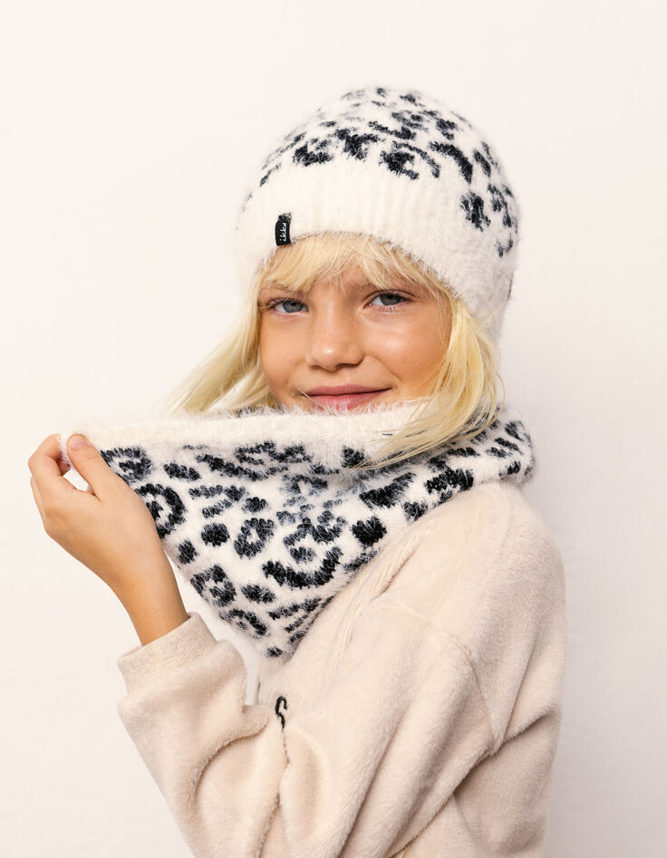 Bonnet écru tricot motif léopard fourré fille-2