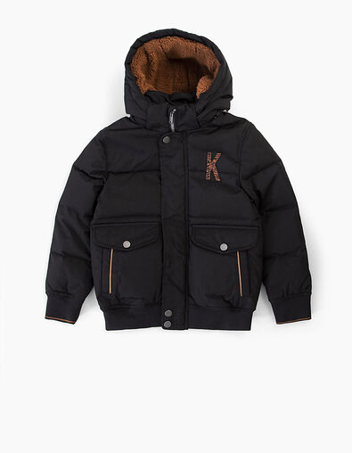 Boys’ black padded jacket, cognac furry hood - IKKS