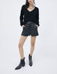 Short noir taille haute en cuir motif damier Femme-3