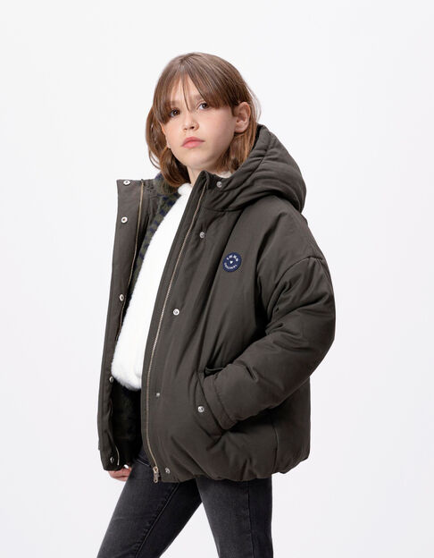 Parka kaki fourrée motif léopard-coeurs fille - IKKS