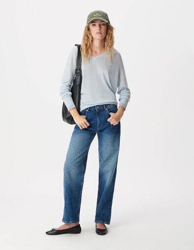 Pull encolure V bleu ciel 100% laine Femme - IKKS