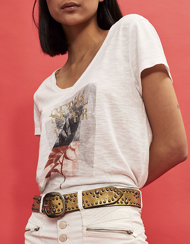 Tee-shirt blanc cassé imprimé message pailleté doré femme-6