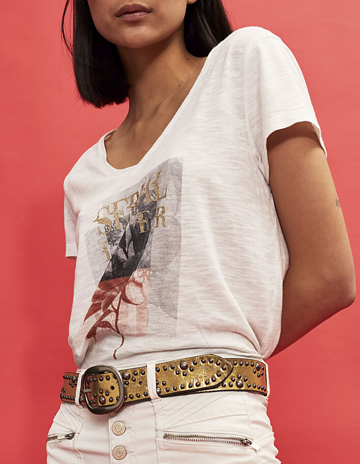 Gebroken wit T-shirt tekstprint gouden glitters dames - IKKS
