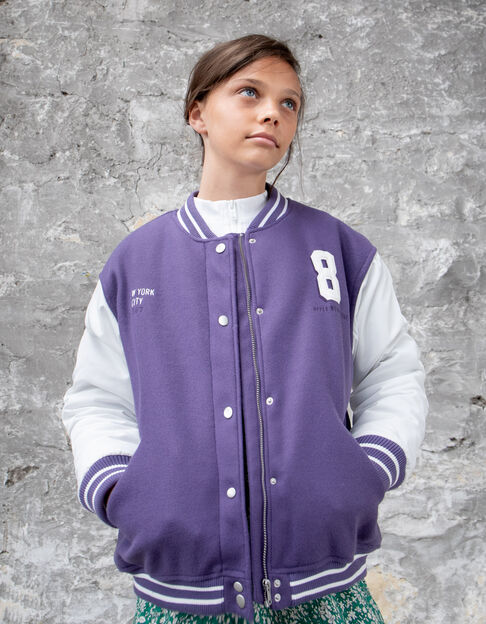Girls’ purple and white College-style varsity jacket