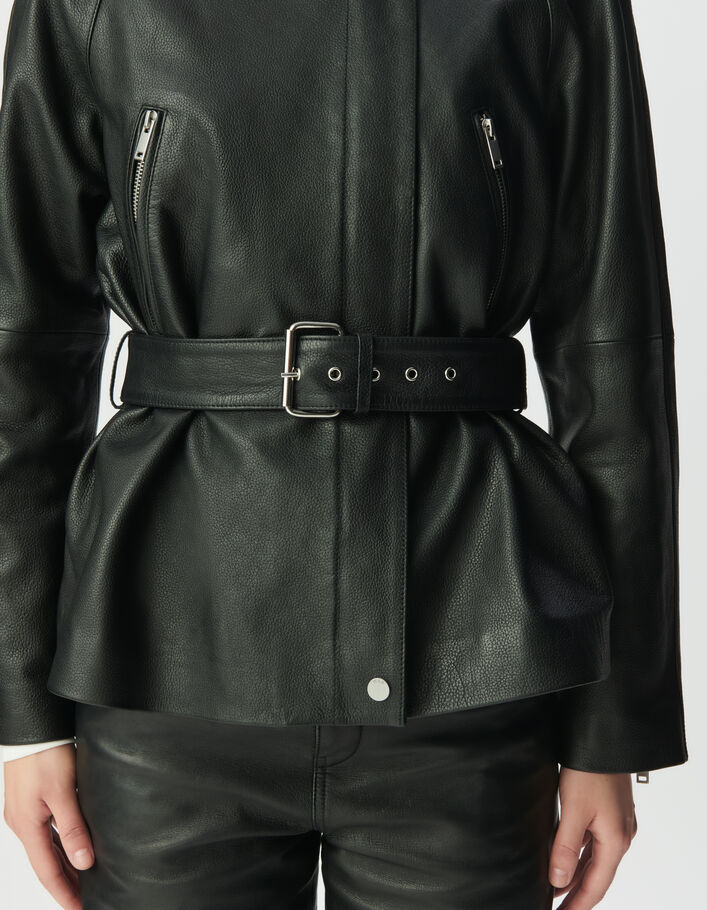 Blouson noir oversize cuir grainé esprit motard Femme IKKS