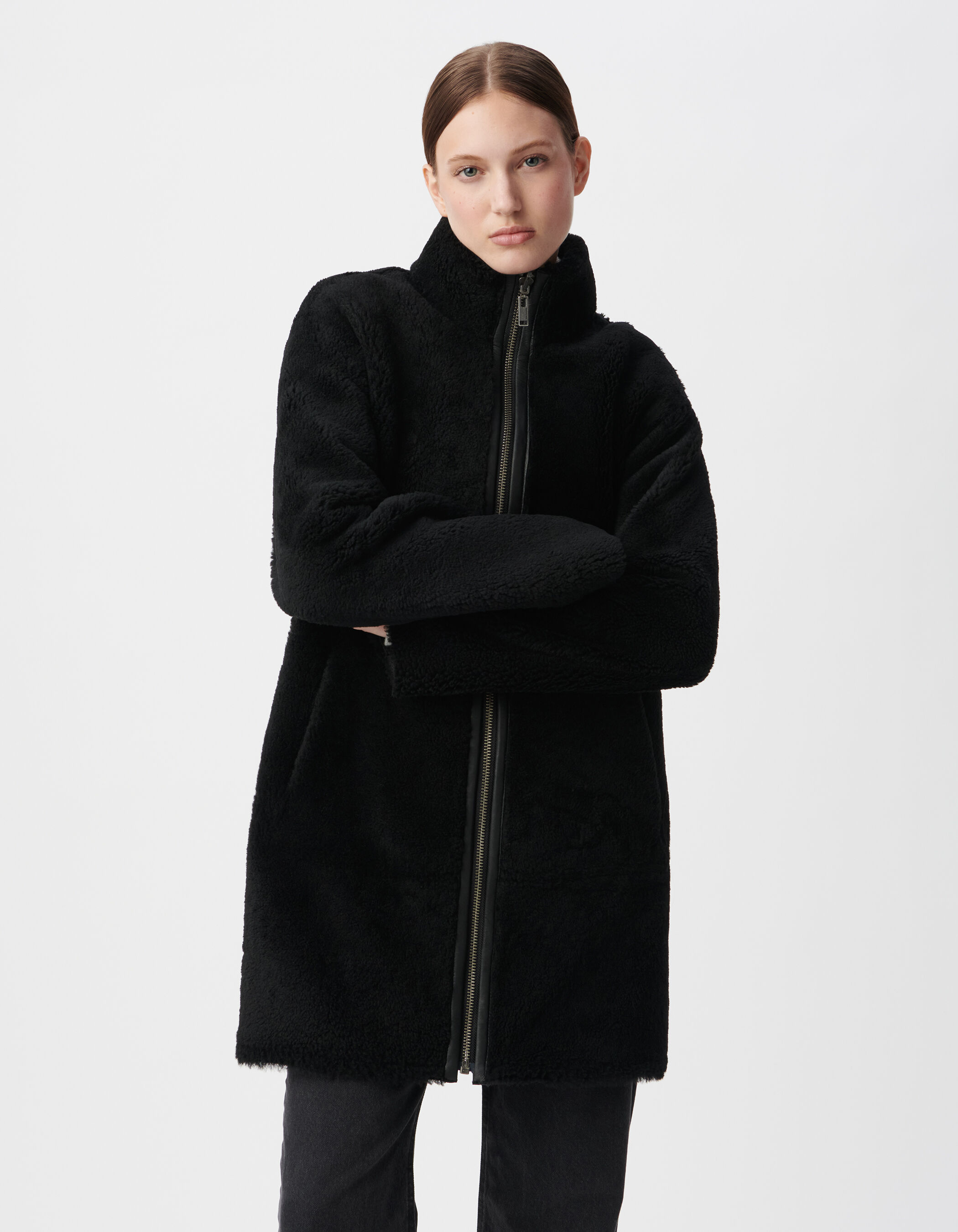 Manteau noir mi long peau retournee Femme IKKS