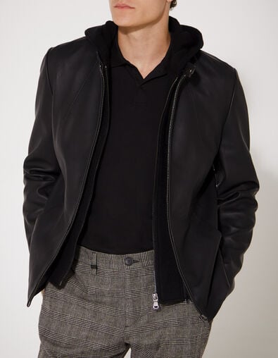 Men’s black leather jacket with seaming - IKKS