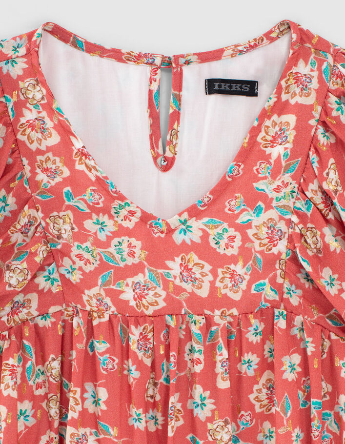 Girls’ coral ruffle sleeve dress with flower print - IKKS