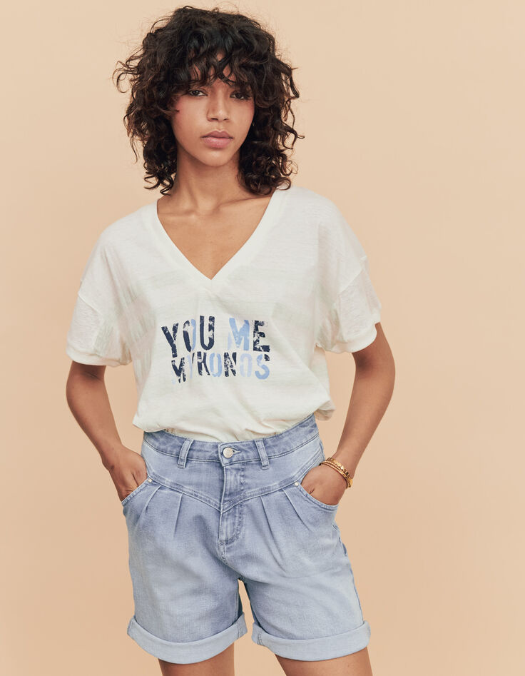 Blaue Bleached Damenjeansbermudas mit Steppnaht vorne-2