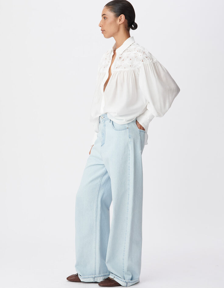 Chemise fluide blanche d&eacute;tails fleurs Femme-1