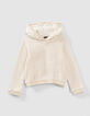 Sweat beige à capuche brodé devant fille-1