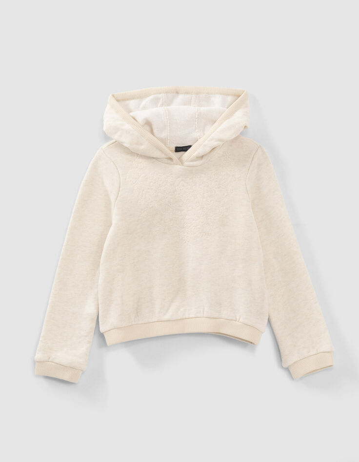 Sweat beige à capuche brodé devant fille-1