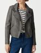 Blouson gris cuir esprit motard parementure-5