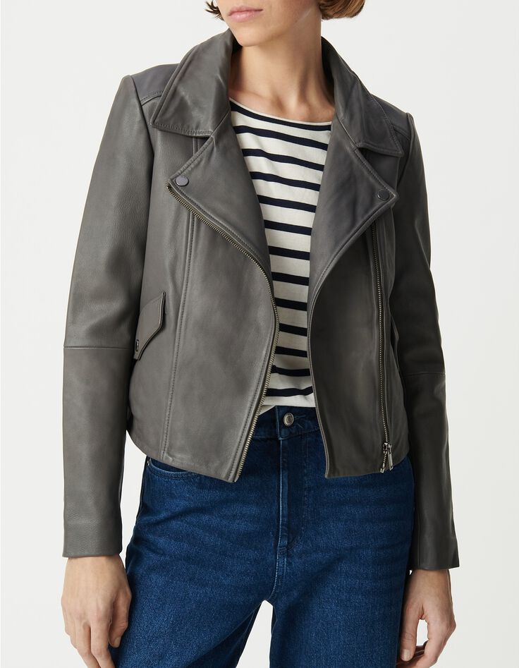 Blouson gris cuir esprit motard parementure-5