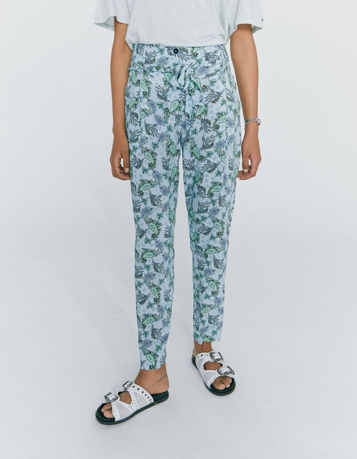 Pantalon en viscose imprim&eacute; cachemire turquoise femme-2
