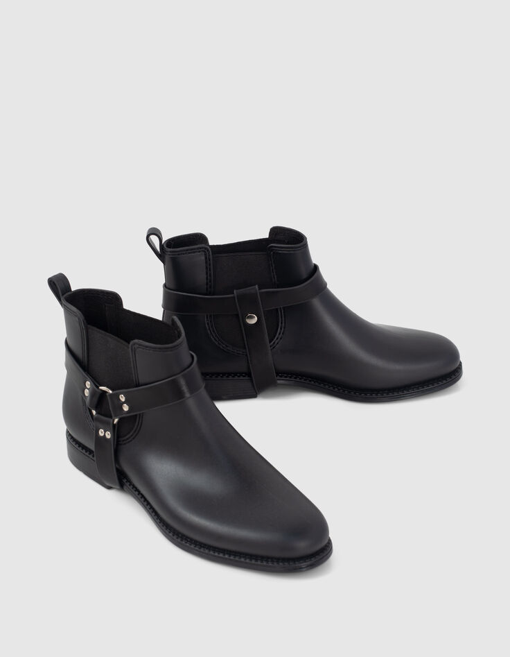Schwarze Chelsea-Damengummistiefel mit Biker-Schnalle-1