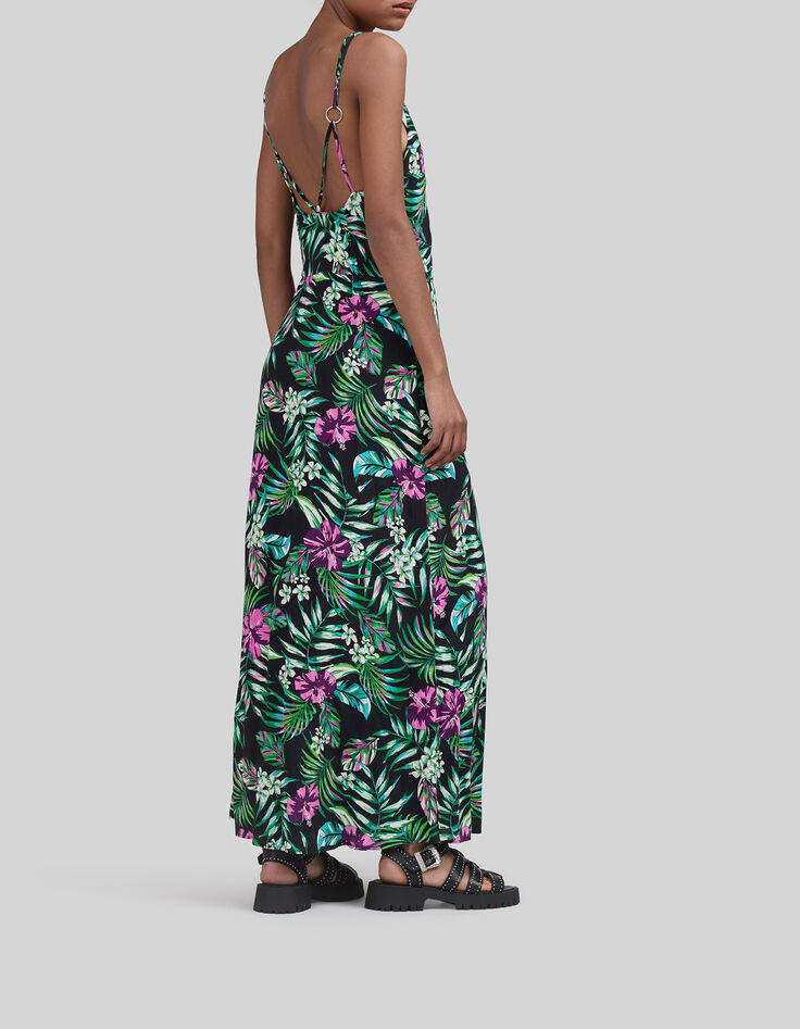 Langes, schwarzes Damenkleid mit tropischem Print-2