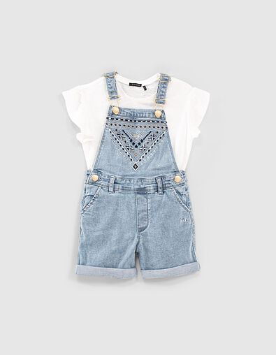 Kurze bestickte Mädchen-Latzhose und Bio-T-Shirt in Ecru - IKKS