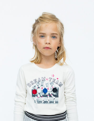 Cremeweißes Mädchen-T-Shirt mit 3D-Pom-Pom-Girl-Motiv - IKKS