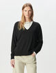 Pull encolure V noir tricot fin oversize Femme-2