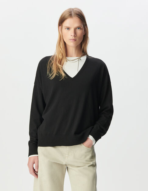 Pull encolure V noir tricot fin oversize Femme - IKKS