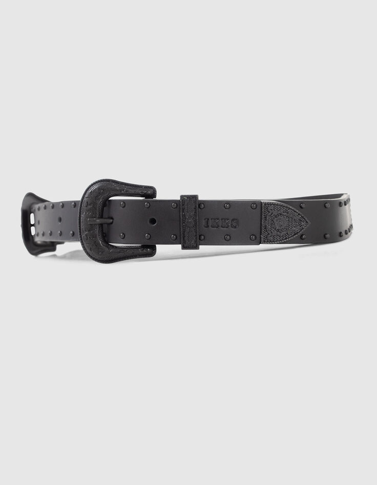 Cinturón cuero negro hebilla doble western mujer-3
