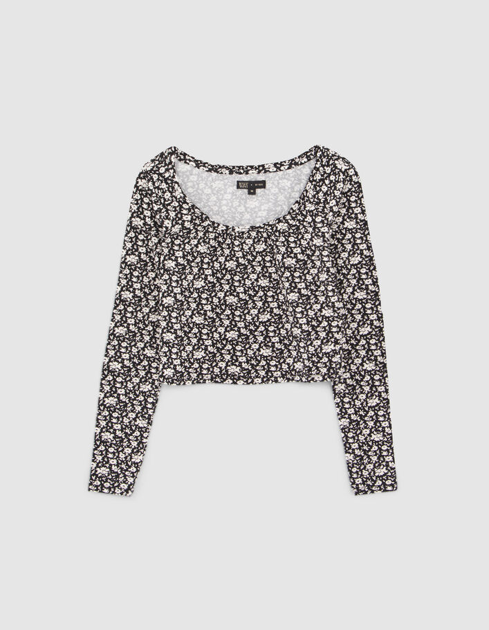 Camiseta cropped negra estampado floral niña-1