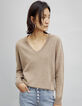 Pull caramel en maille fine avec épaulettes femme-1