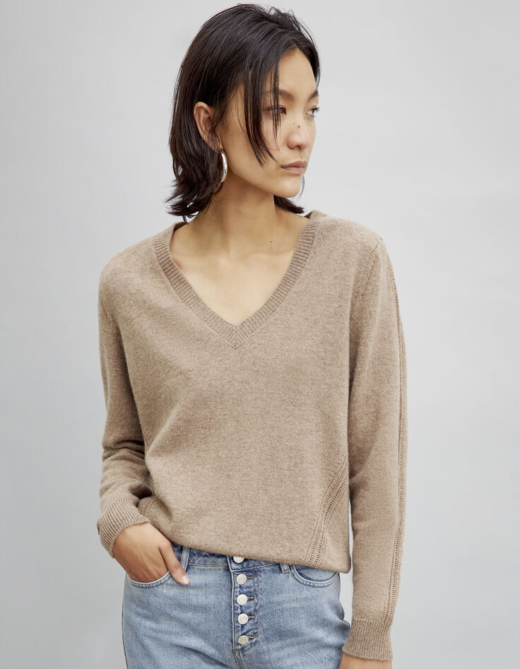 Pull caramel en maille fine avec épaulettes femme-1
