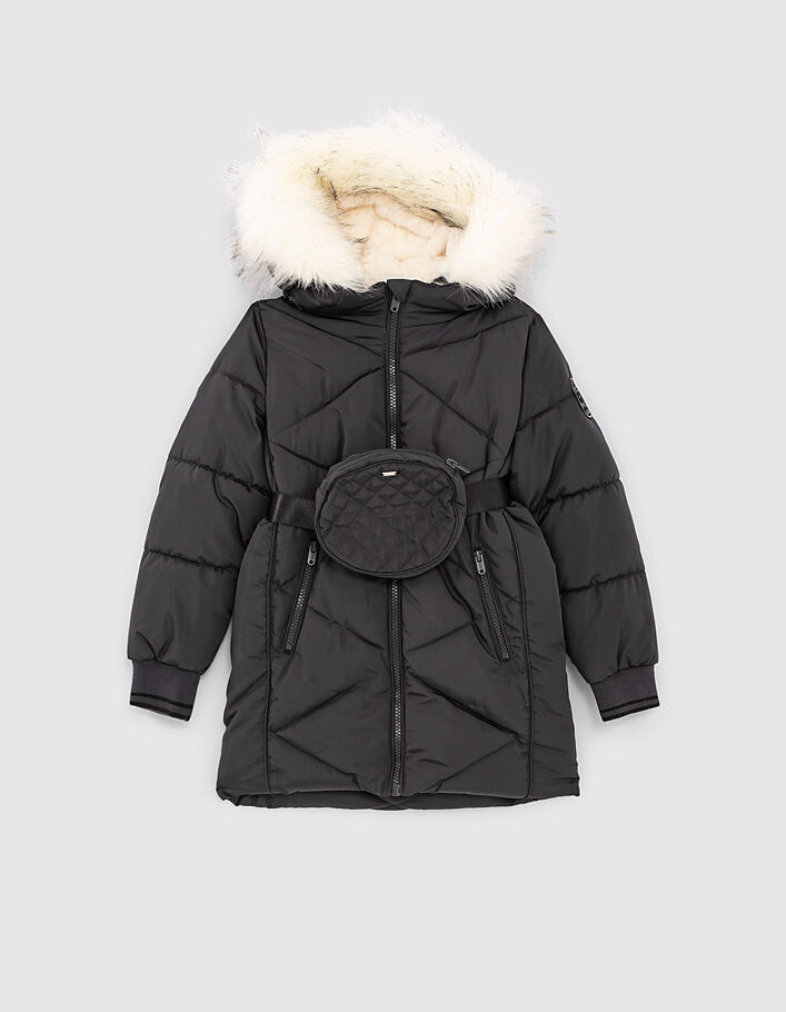 Girls’ charcoal grey long padded jacket with waist bag - IKKS