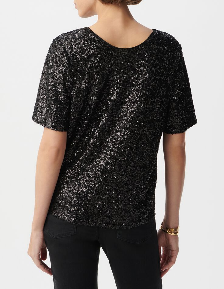Top noir broderies sequins manche trompette Femme-3 Top noir broderies sequins manche trompette Femme-3