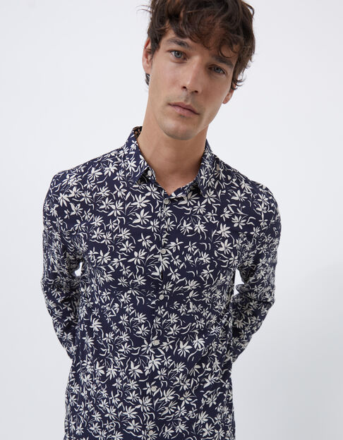 Men’s navy flower print flowing SLIM shirt