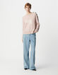 Rosafarbener Jacquard-Pullover aus Alpakamischung für Damen mit Botschaft und Knöpfen-1