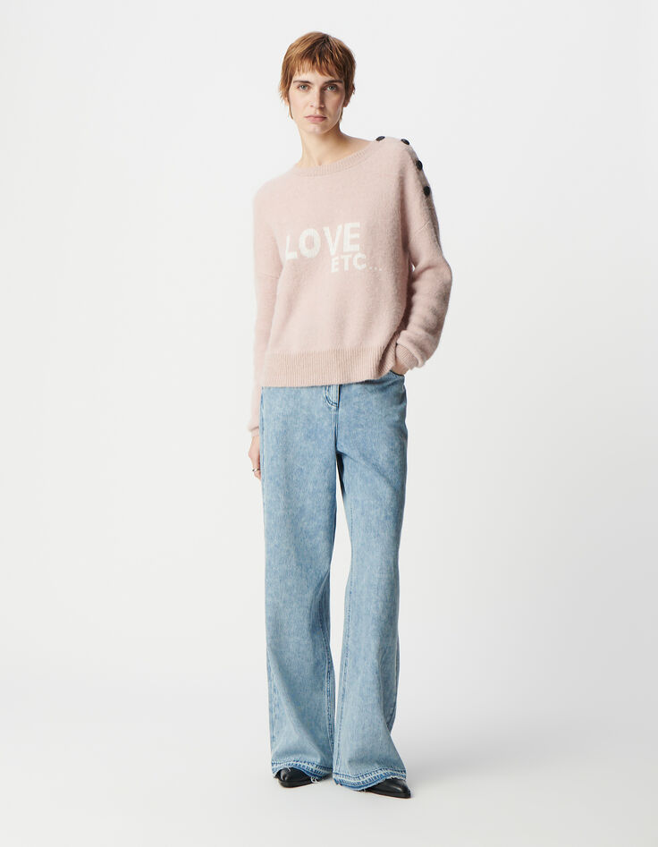 Rosafarbener Jacquard-Pullover aus Alpakamischung für Damen mit Botschaft und Knöpfen-1