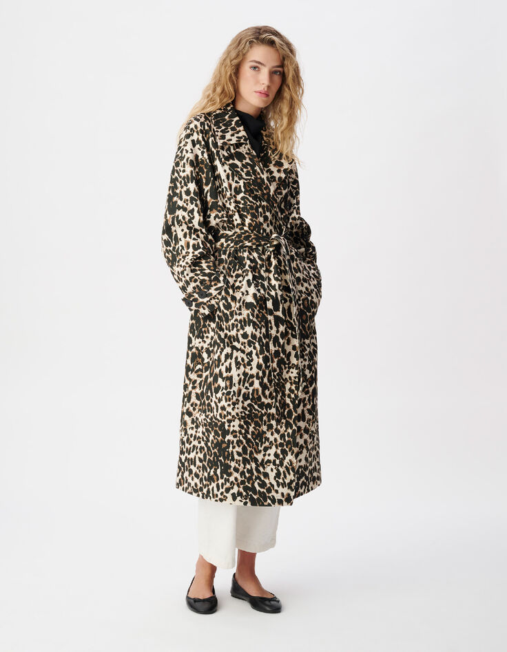 Trench long en jean marron &agrave; motif l&eacute;opard Femme-6