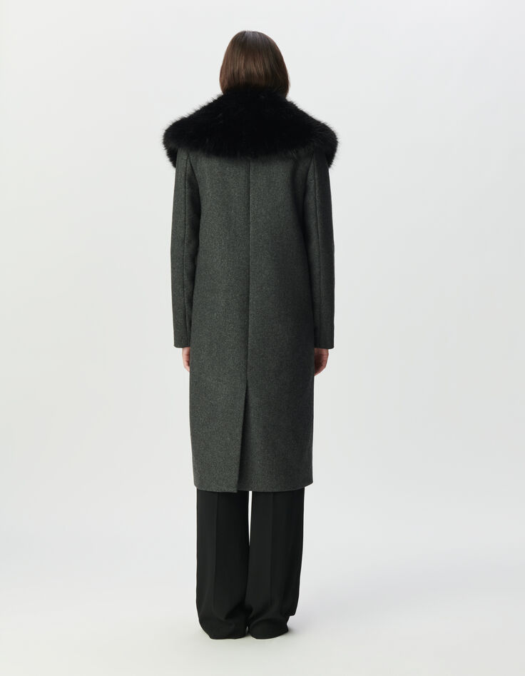 Women’s grey straight coat, detachable black fur collar-4