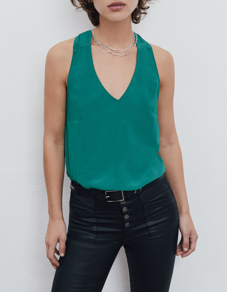 Top turquoise crêpe détail dos croisé sans manches femme-1