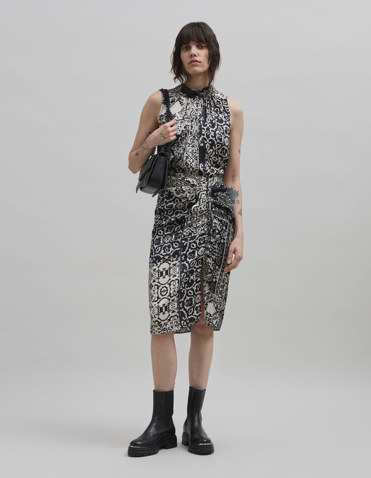 Falda negra fruncida estampado patchwork pa&ntilde;uelo Mujer-10