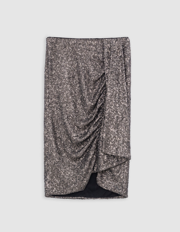 Jupe courte grise drapé asymétrique sequins métallisés Femme-5