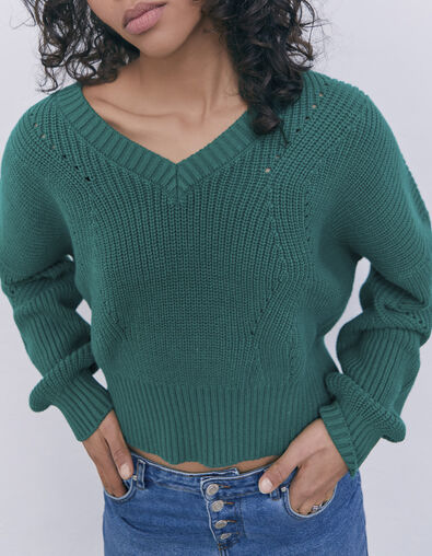 Women’s green decorative knit V-neck sweater - IKKS