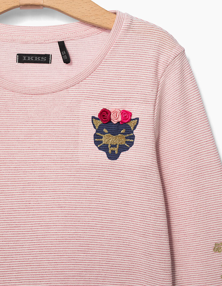 Tee-shirt rose à rayures pailletées et patch fille-4 Tee-shirt rose à rayures pailletées et patch fille-4
