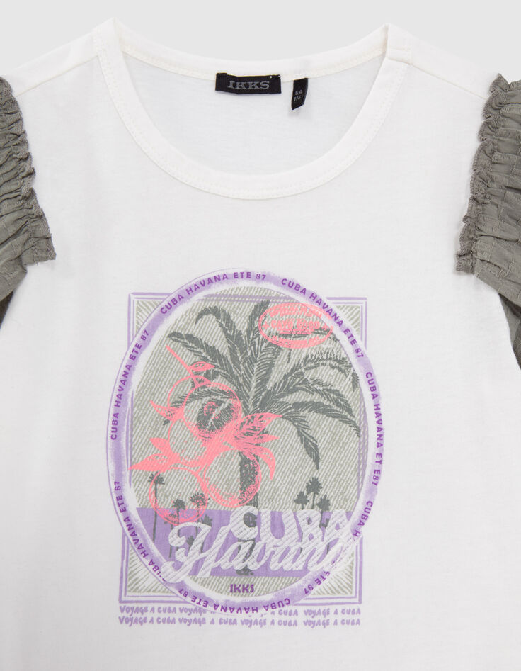 Girls’ off-white T-shirt, palm trees and ruffled sleeves-2