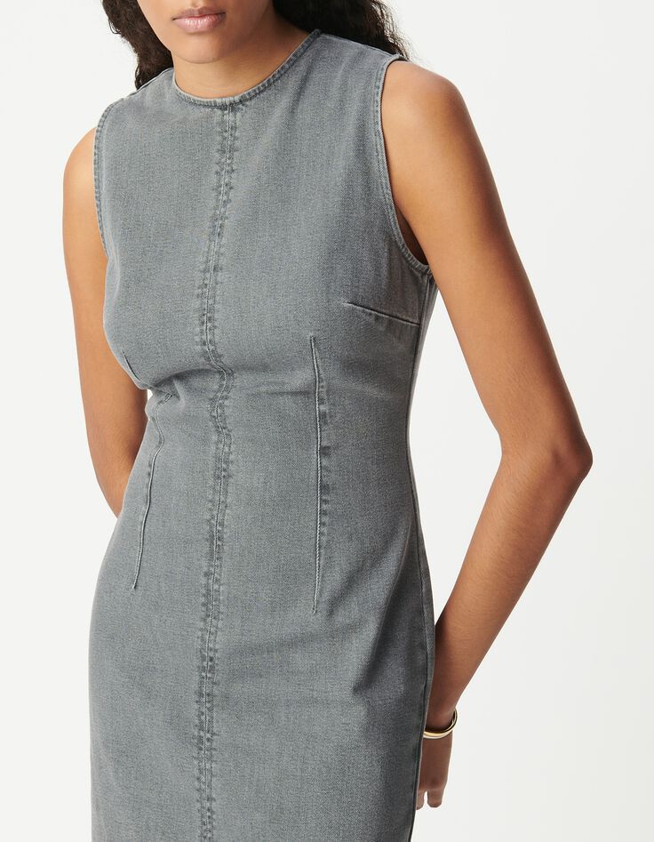 Mouwloze grijze denim jurk met split Dames-5