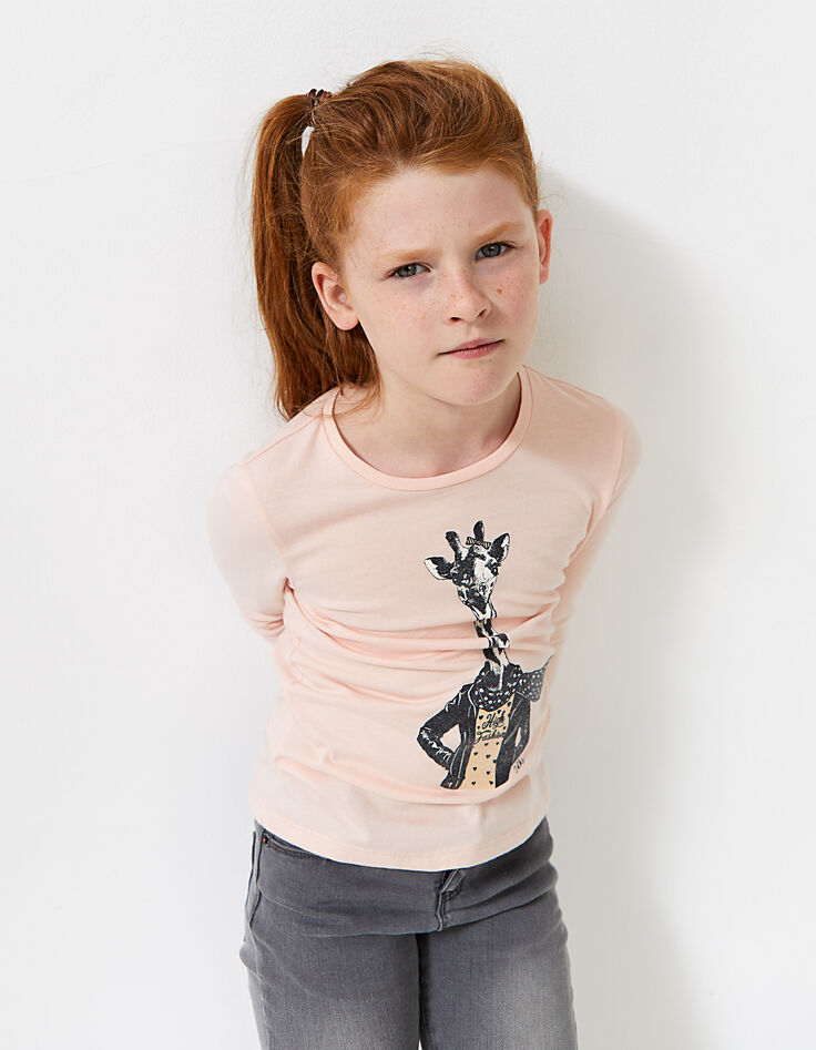 Girls' powder pink glittery giraffe graphic T-shirt-1 Girls' powder pink glittery giraffe graphic T-shirt-1