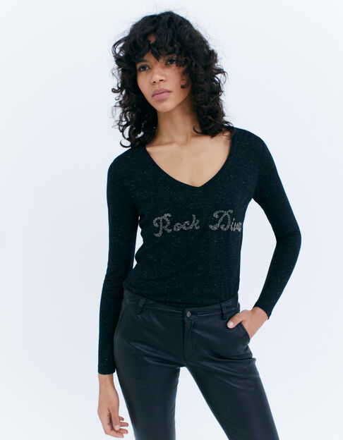 Camiseta negra mensaje bordado cuentas Ecovero™ mujer