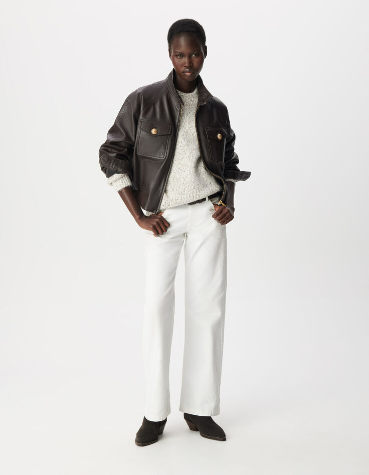 Women's Brown Leather Bomber Jacket-1